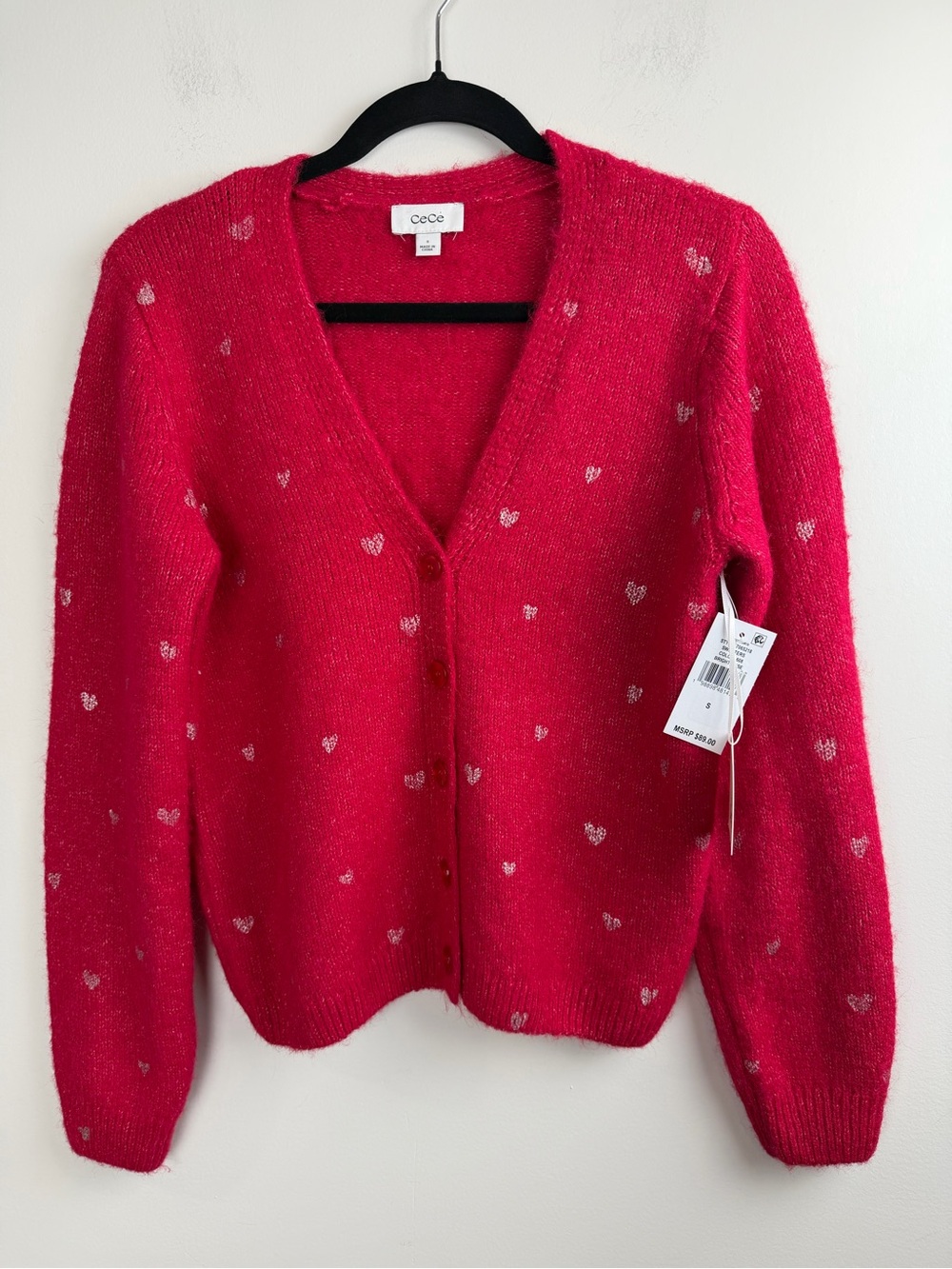 CeCe Foil Heart Wool-blend Bright Rose Cardigan In Red Size S NWT MSRP $89